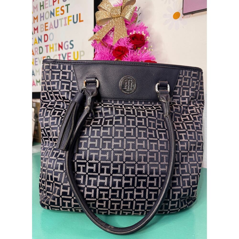 Tommy Hilfiger Tote Bag - Navy Monogram‎ Canvas & Leather (Handle Damage)